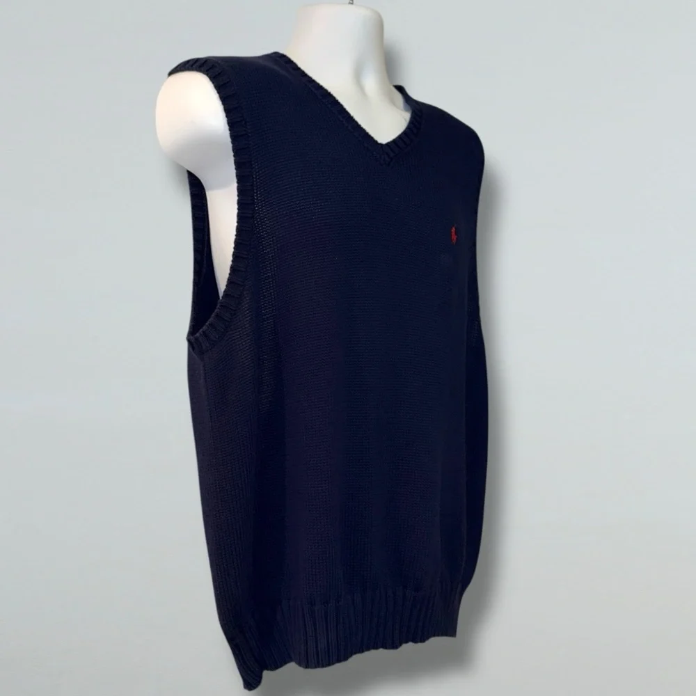 ⭐ POLO RALPH LAUREN 100% Cotton Knit Sweater Vest – Navy Blue, Red Pony –Size XL - Picture 9 of 16